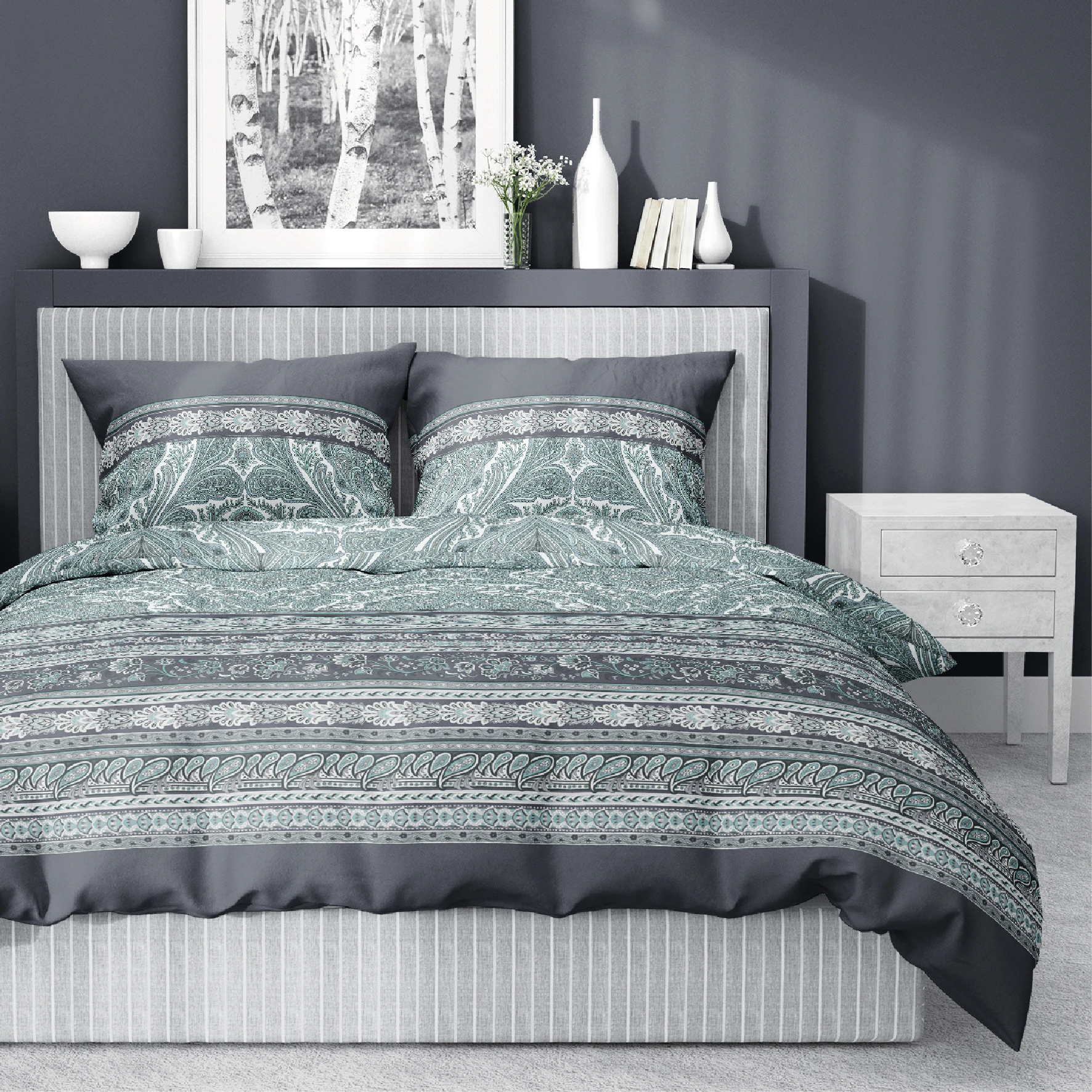Ekskluzywna Pościel Z Bawełny Satynowej 220 x 200 cm. Grafitowa Miętowa Kwiaty Pasy 4606-A Ekskluzywna Pościel Z Bawełny Satynowej 220 x 200 cm. Grafitowa Miętowa Kwiaty Pasy 4606-A