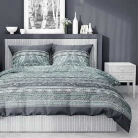 Ekskluzywna Pościel Z Bawełny Satynowej 220 x 200 cm. Grafitowa Miętowa Kwiaty Pasy 4606-A