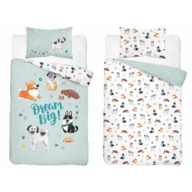 Pościel Dziecięca Bawełniana Do Łóżeczka 90 x120 cm. Miętowa Biała Pieski Psy 4580-B