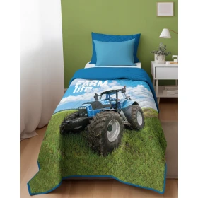Narzuta Młodzieżowa 170x210 cm. Pikowana Zielony Niebieski Łąka Traktor K-79