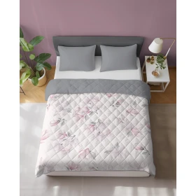 Narzuta Pikowana Dwustronna 200x220  cm. Pudrowy Różowy Szary Kwiaty NR-K118