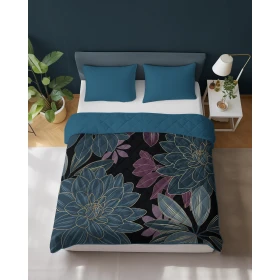 Narzuta Pikowana Dwustronna 220 x 240 cm. Czarny Fioletowy Niebieski Kwiaty NR-K112