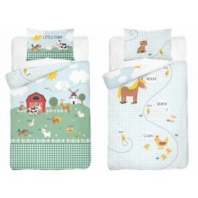 Pościel Dziecięca Bawełniana Do Łóżeczka 90x135 cm. Zielona Niebieska Farma Kratka 4991-A