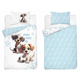 Pościel Dziecięca Bawełniana Do Łóżeczka 90x120 cm. Biała Niebieska Pieski Piłka Nożna 5002-A
