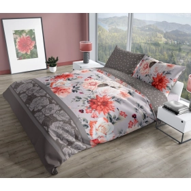 Ekskluzywna Pościel Z Bawełny Satynowej 160 x 200 cm. Szara Kwiaty 007