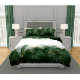 Luksusowa Pościel Z Bawełny Satynowej Druk Cyfrowy 220x200 cm. Biała Zielona Liście 016